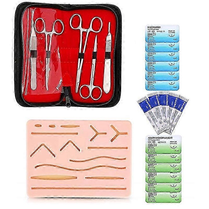 Kit complet de practica pentru suturi, placuta silicon, 6 fire de nylon, 6 fire de matase, 5 unelte, 5 lame
