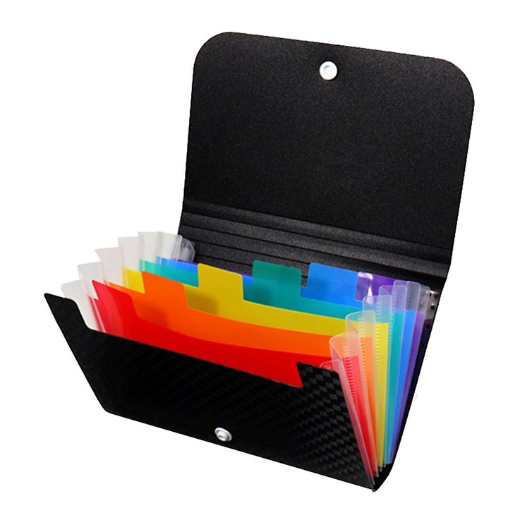 Folder A6, 7 straturi, cu buzunare colorate sau transparente, organizator de facturi, dimensiuni 18.5x11.5cm, negru