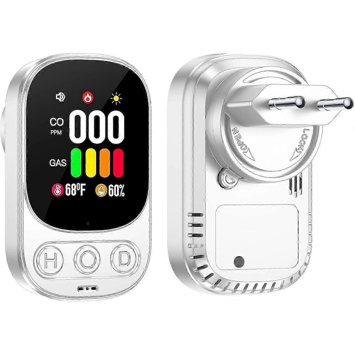 Detector combinat de gaz si monoxid de carbon cu priza, alarma cu volum ridicat, display temperatura si umiditate, alb