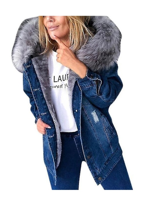 Jacheta din denim pentru femei, casual, cu gluga, captusita, albastru