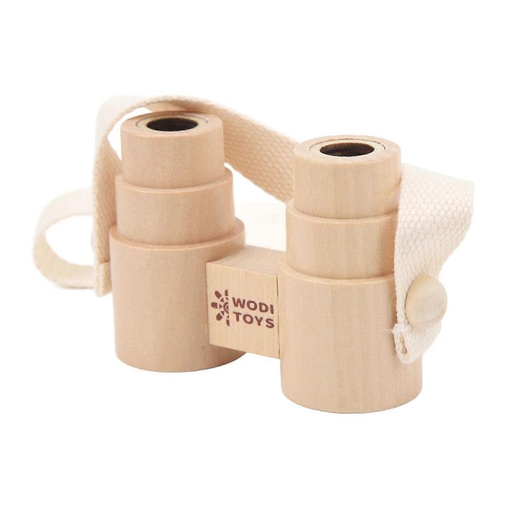 Binoclu pentru copii din lemn, 12x4x7cm, cu curea de agatare, pentru utilizare in aer liber