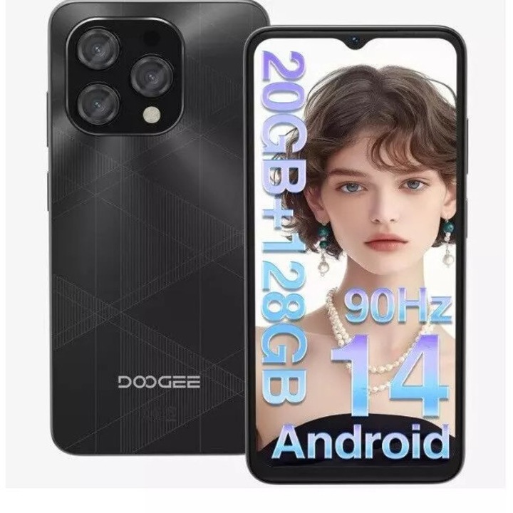 Doogee N55 Plus mobiltelefon, Fekete, 4G, 6.56" HD+ 90Hz IPS, Android 14, 20GB RAM (8GB+12GB bővíthető), 128GB ROM, 13MP + 8MP kamerák, 5150mAh, Dual SIM