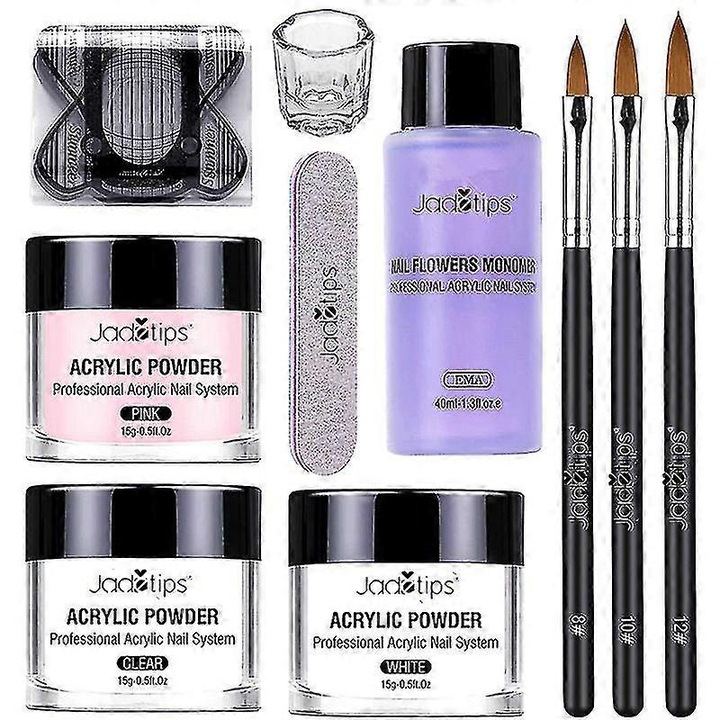 Комплект акрилни нокти, 40мл, 3 цветни пудри, 3 четки, бял, прозрачен, розов, 16.6x11.6x3.5см