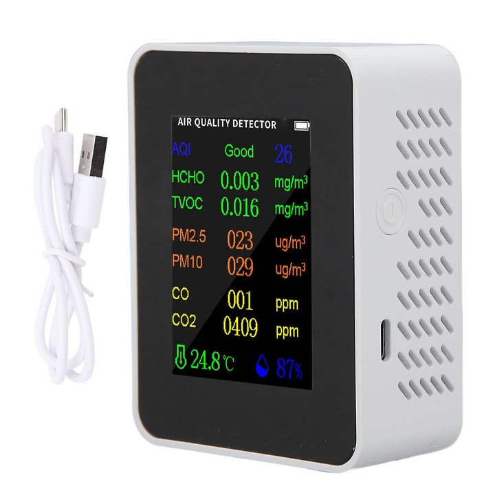 Monitor de calitate a aerului, senzor PM2.5, HCHO, alarma, alb, 174g