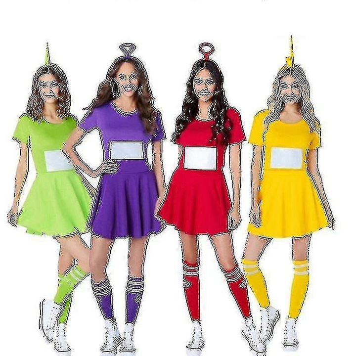 Costum de petrecere Tinky Winky Dipsy Laa-laa, set cu palarie, fusta si sosete, galben, 7-9 ani