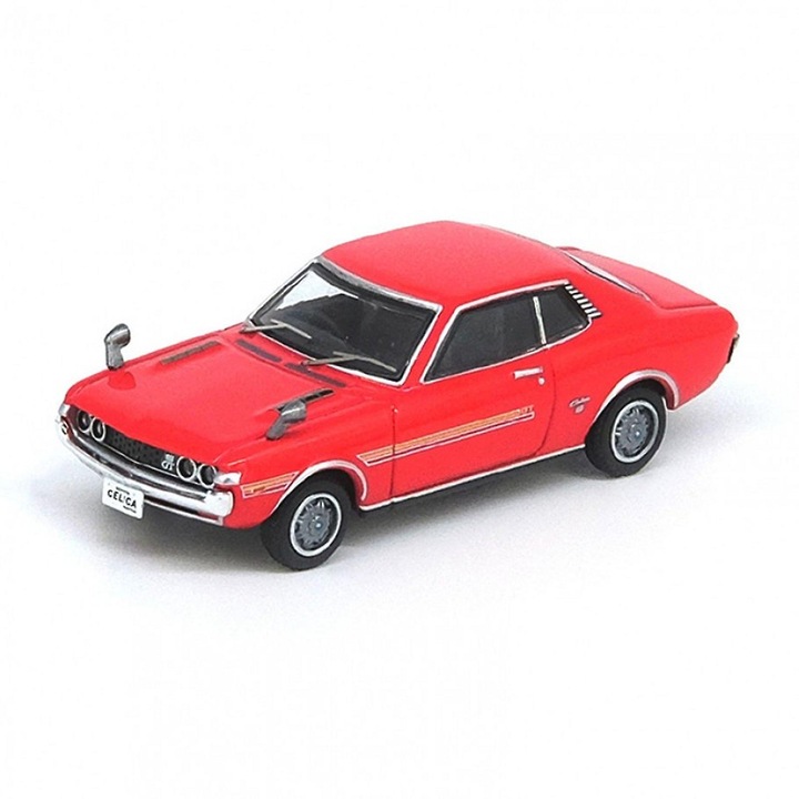 Diecast kisautó Toyota Celica 1600GT, 1:64, piros, 6 cm, működő kerekekkel, kiállítási állvánnyal