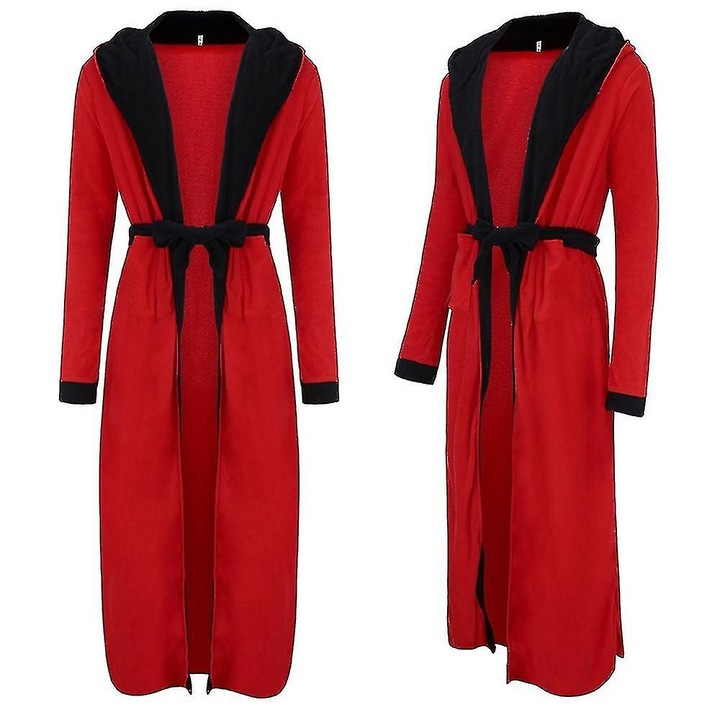 Halat de baie barbati, 2XL, rosu-negru, din poliester