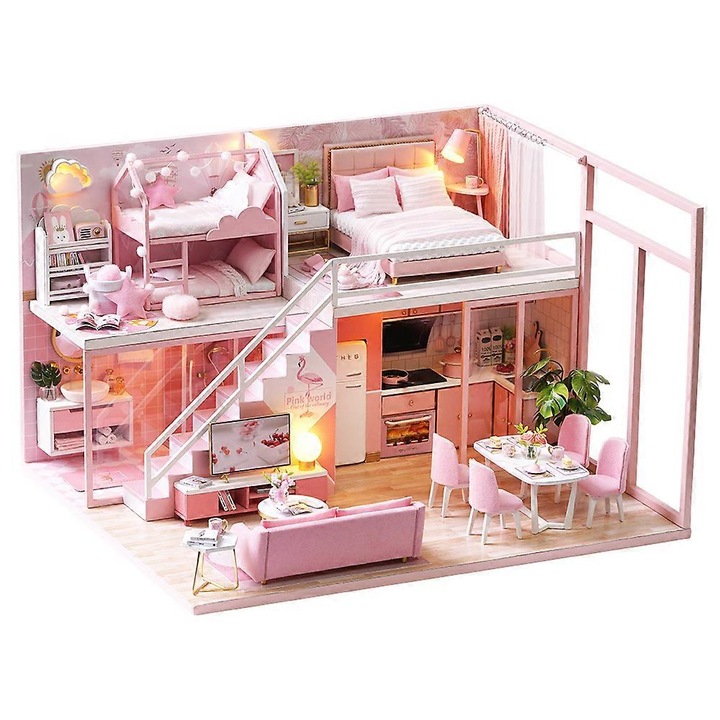 Set casa de papusi DIY, mobilier, 50 piese, unisex, 12+ ani, 1:24, lemn