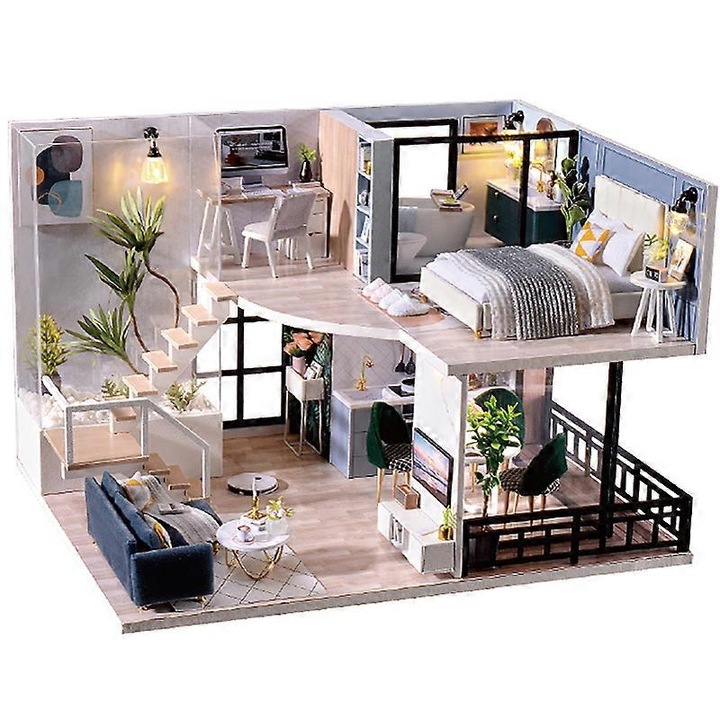 Set casa de papusi DIY, mobilier, 50 piese, unisex, 12+ ani, 1:24, lemn, multicolor