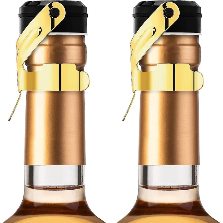 Dop pentru sampanie, set 2 bucati, inox, pentru sticle de vin, culoare aurie