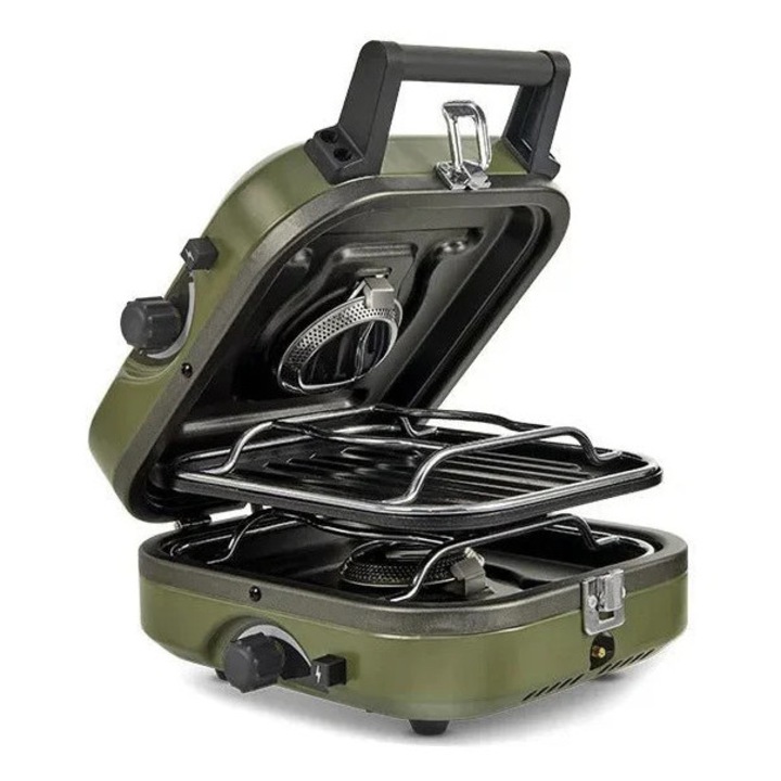 Gáztűzhely, dupla összecsukható égő, 2300W, tapadásmentes serpenyő, zöld