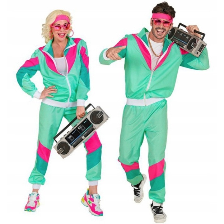 Trening, retro, menta, S, hanorak, pantaloni, fermoar, maneci lungi, talie elastica, insertii roz, bumbac, stil anii 70-80