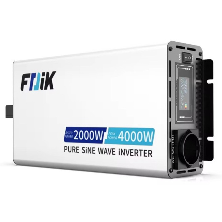 Инвертор за кола FDiK S3 2000W, пик 4000W 12V, чиста синусоида, LCD екран, множество защити, EU контакт