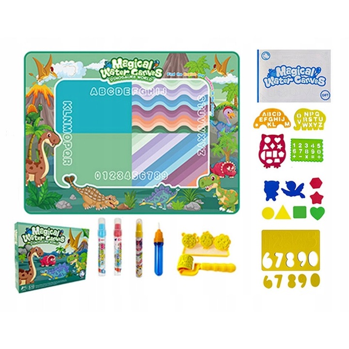 Madej vizes festőkészlet, festőszőnyeg 150x100cm, 4 marker, sablonok, dinoszauruszok