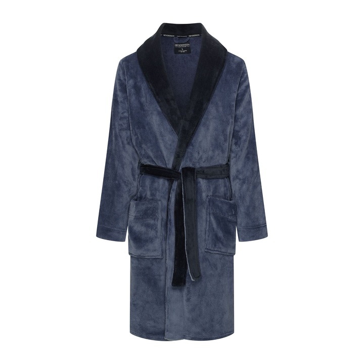 Halat de baie barbati, Henderson, Nantes, albastru, poliester, maneca lunga, 2 buzunare, 2XL INTL