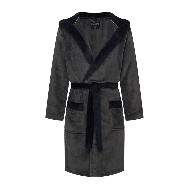 Halat de baie barbati, Henderson, gri, maneca lunga, poliester, cu gluga, 3XL INTL