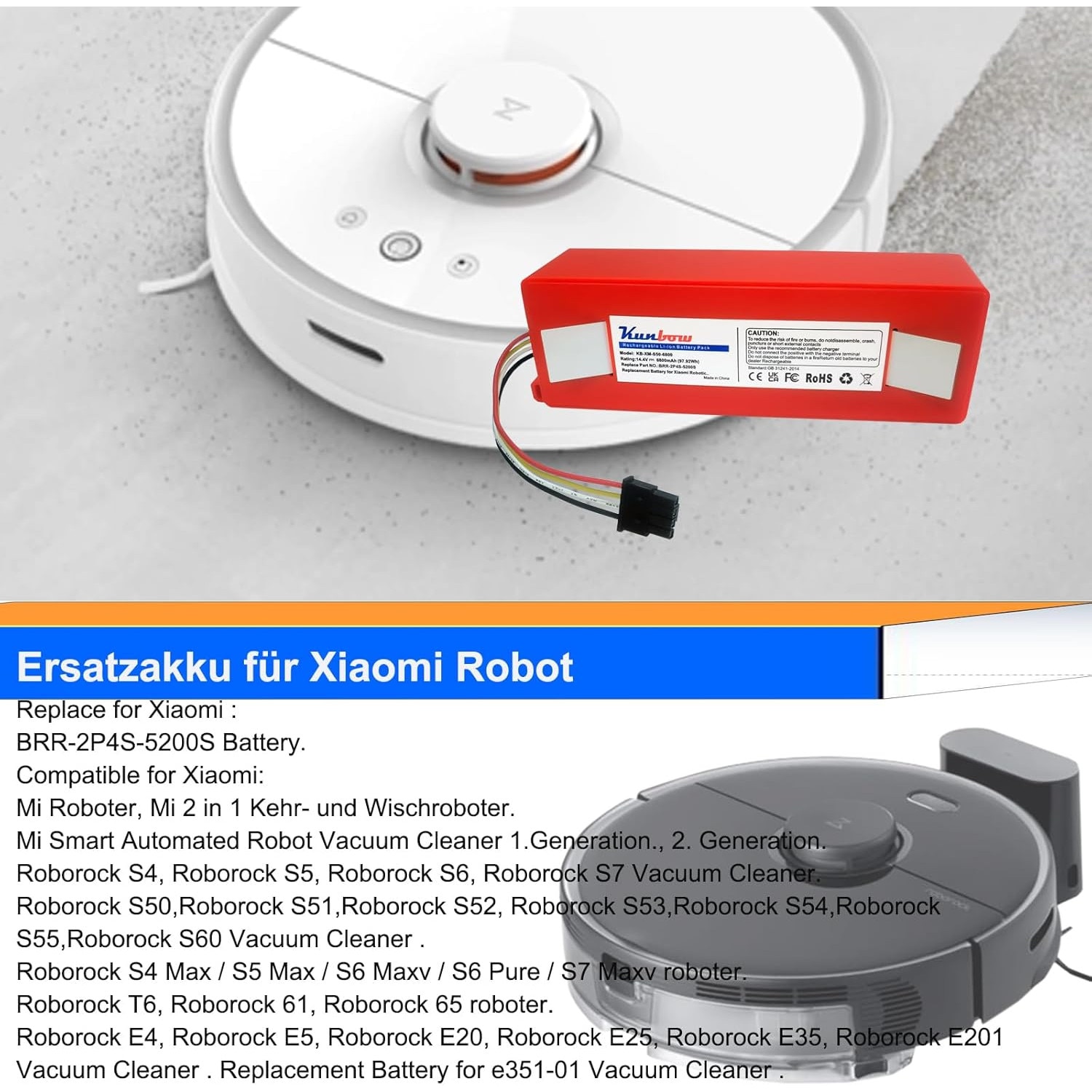 Csere akkumulátor 6800mAh Xiaomi Roborock S4 S5 S6 S7, Q5 Q7 Pro/Max+, Mi  Robot és Mijia modellekhez – Li-Ion Eredetivel kompatibilis