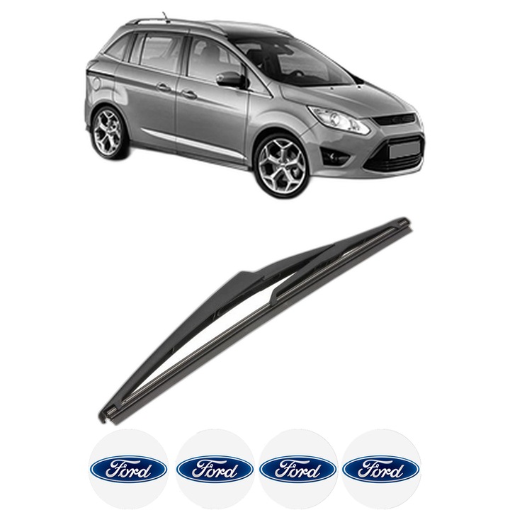 Stergator lamela spate FORD GRAND C-MAX (DXA/CB7, DXA/CEU) din 2010 - 2019, pentru luneta auto, Valeo Silencio, din cauciuc siliconat rezistent, 4 Stickere Auto FORD