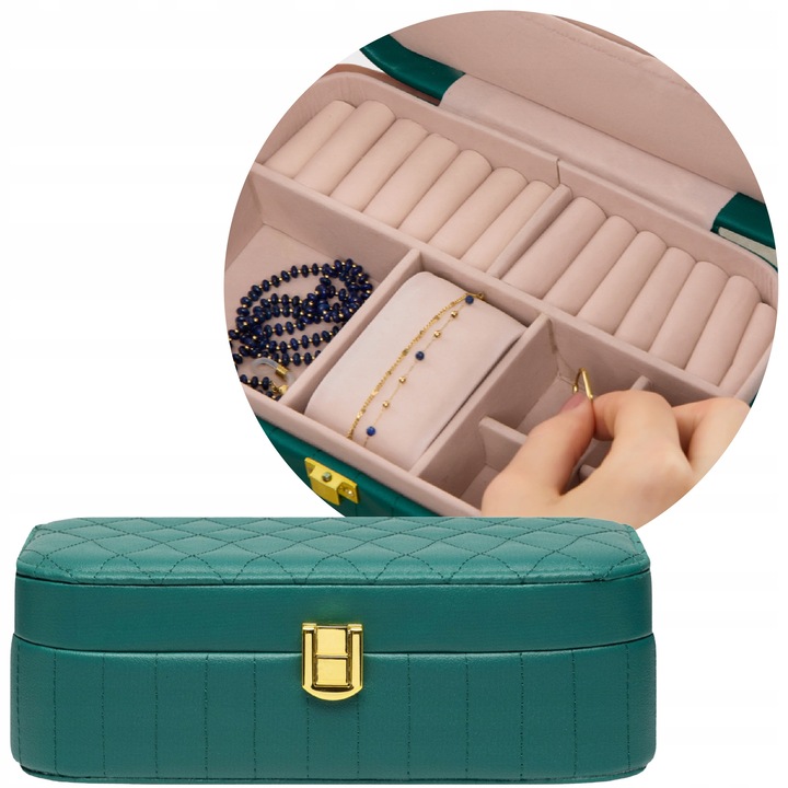 Cutie Pentru Bijuterii Cu Oglinda, Mys, Organizator Mare Cu Compartimente si Rulouri Pentru Inele si Bratari, Etui Eleganta Pentru Acasa si Calatorii, 21 x 14 x 7 cm, Verde