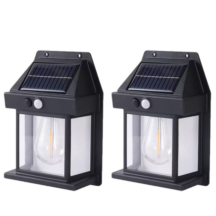 Lampa solară Ollyve, Solar Technology, set 2 bucati, iluminare caldă, senzori de mișcare, negru