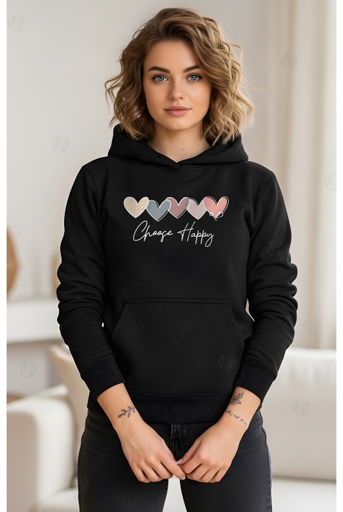 Hanorac dama Choose Happy, calduros, bumbac, perfect pentru tinute streetwear, de zi cu zi, Negru