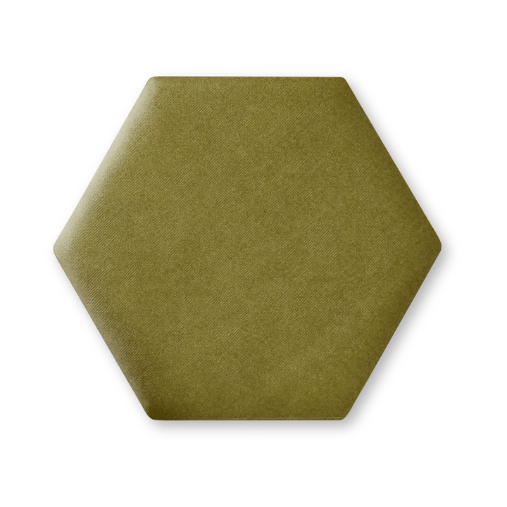 Panou Tapitat Pentru Perete Hexagon, Taphiceros, Catifea, pentru Living, Birou, Camera copiilor, Culoare VELUTTO 9 – Verde maslin, Dimensiune 30x26 cm