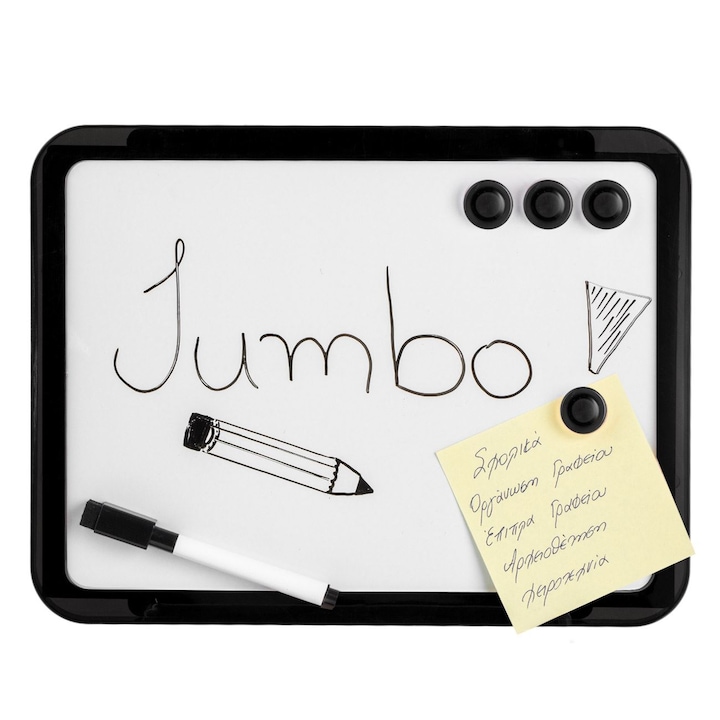 Tabla albă magnetică cu ramă neagră, set cu marker și 4 magneți, 30x21cm