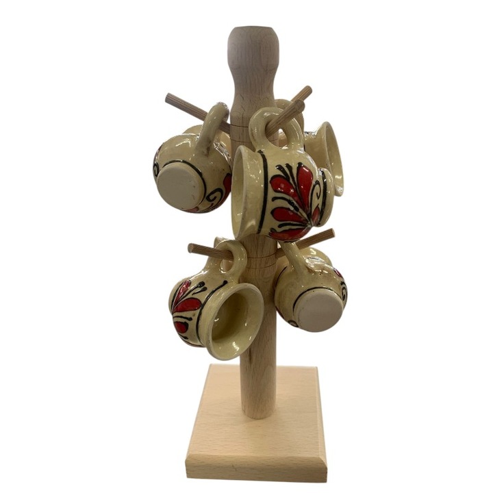 Set 6 Cesti Art din ceramica cu Suport din lemn Patrat, Rosii