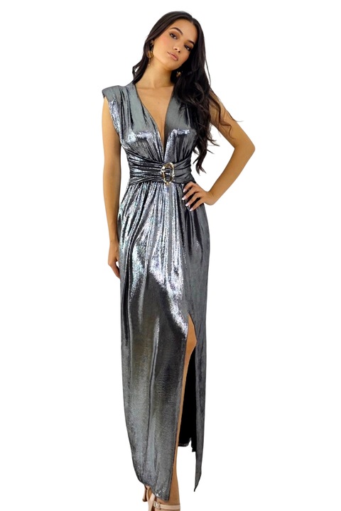 Rochie eleganta cu aspect metalic Demetra si accesoriu chic, Argintiu, Marime universala S/M, FashionForYou
