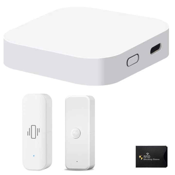 Set Smart Home cu Hub Gateway WiFi Zigbee Bluetooth, 1 Senzor Miscare, 1 Senzor Vibratii, Compatibil Tuya SmartLife, Alexa, Google Assistant, 1 Protectie Rfid, UnderShop®