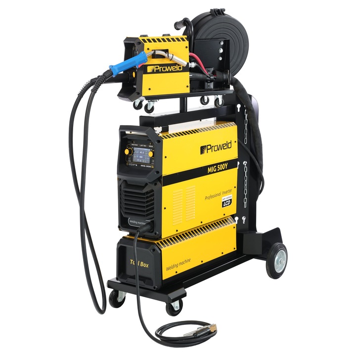 ProWELD MIG 500Y Statie sudura trifazata 500A pentru Otel, Inox, Aluminiu, Fonta, MIG/MAG sinergic, TIG Lift, MMA + derulator extern, bobina 15kg, LCD dual