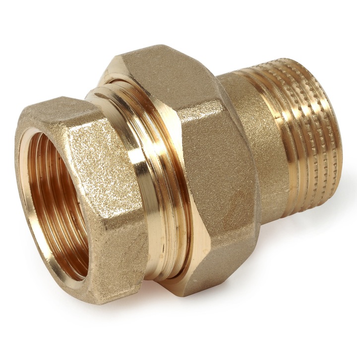 Giacomini R18Y007 egyenes hollandi csatlakozó, 1 1/2” belső menet x 1 1/2” külső menet, HVAC, ivóvíz és napkollektoros rendszerekhez, sárgaréz