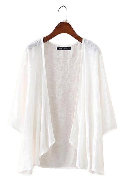 Pulover dama, cardigan, lejer, maneca 3/4, alb, subtire, rayon si poliester