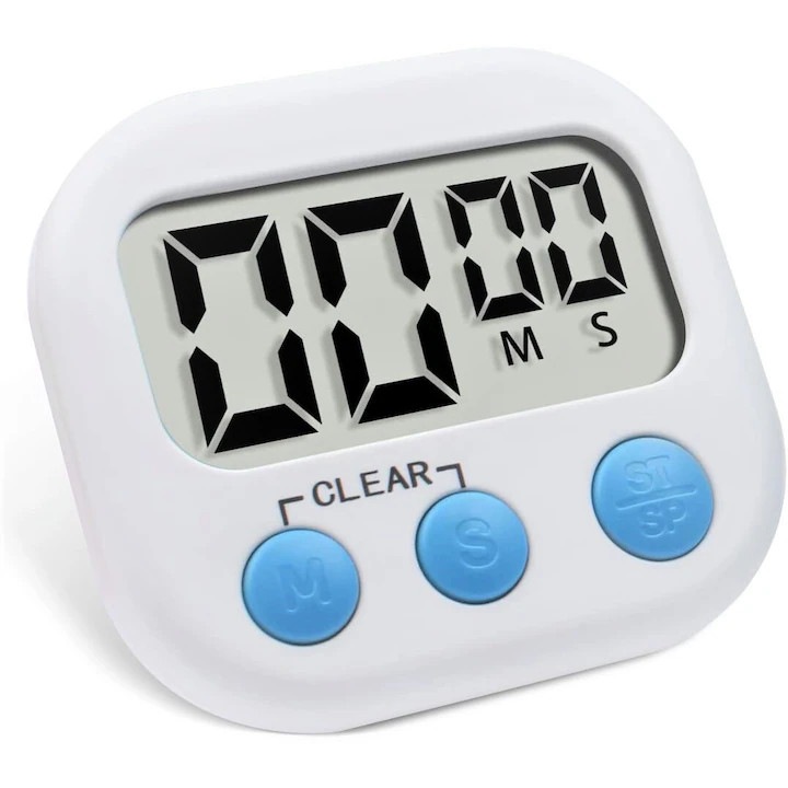 Timer electronic, alb, design compact, cu suport, pentru bucatarie