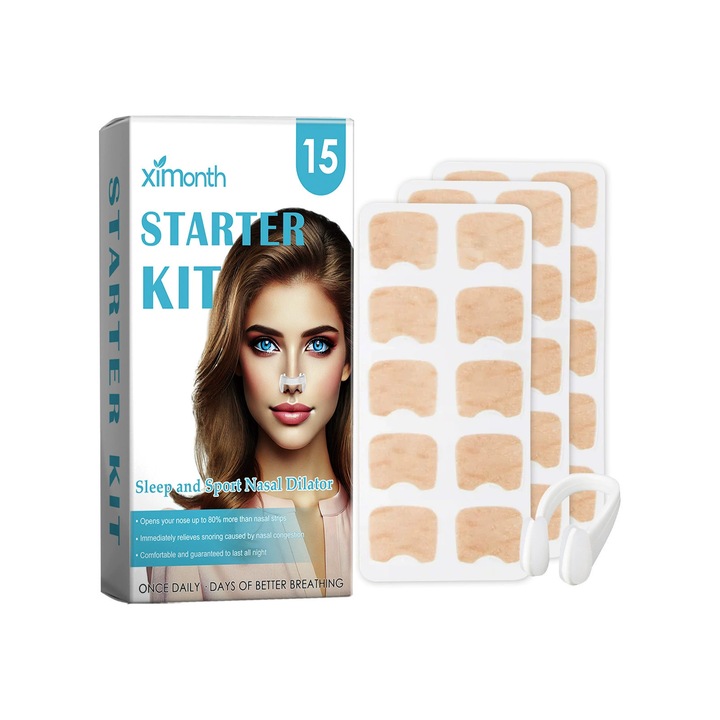 Set plasturi pentru nas Ximonth, 15 plasturi anti-eliberare, 1 clema pentru nas