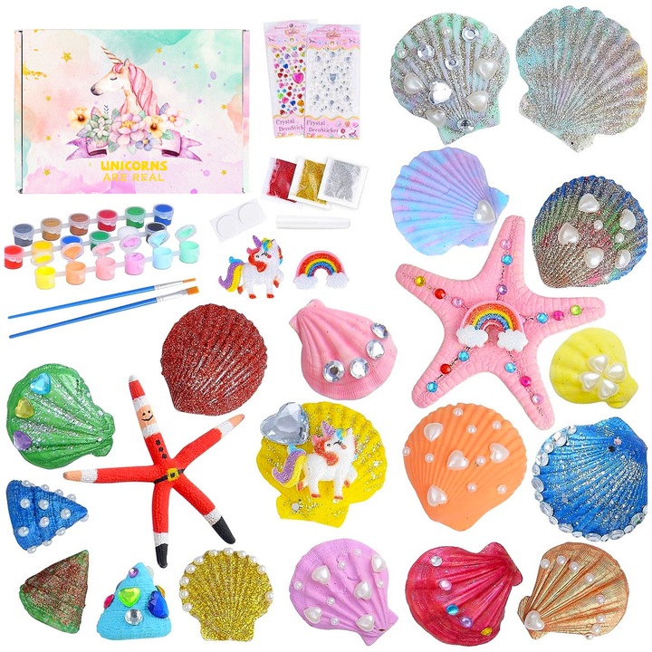 Set de joaca pentru copii, bucatarie, accesorii unice, 20 scoici, 12 pigmenti colorati, roz