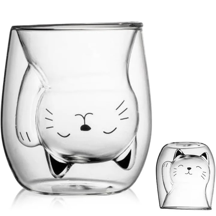 Duplafalú pohár, macska design, hővédelem, 300ml