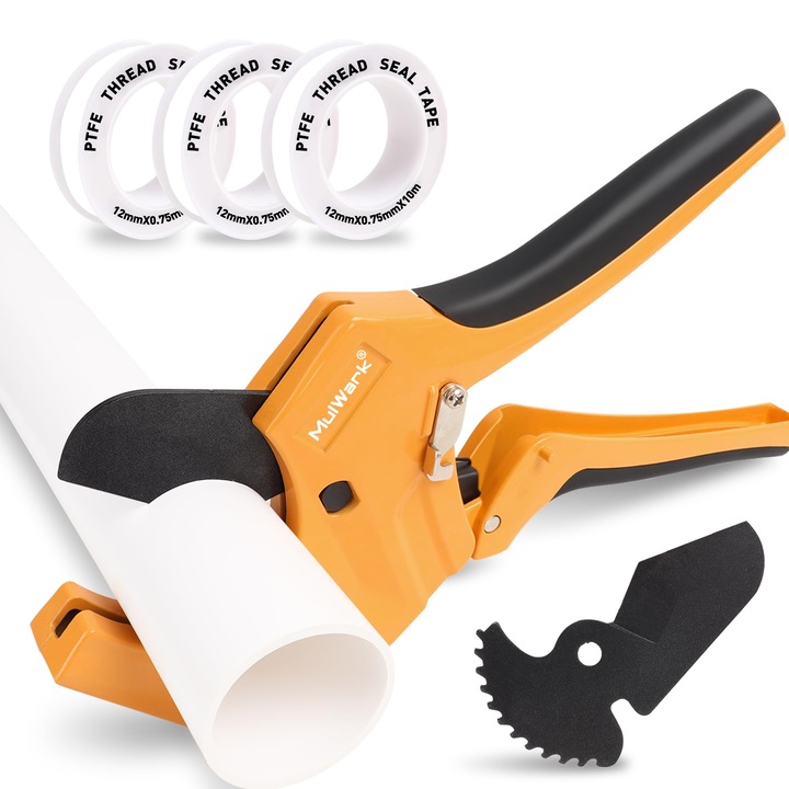 Taietor de tevi PVC MulWark, 1-5/8 inch, lame ascutite, 3 benzi Teflon, 1 lama suplimentara