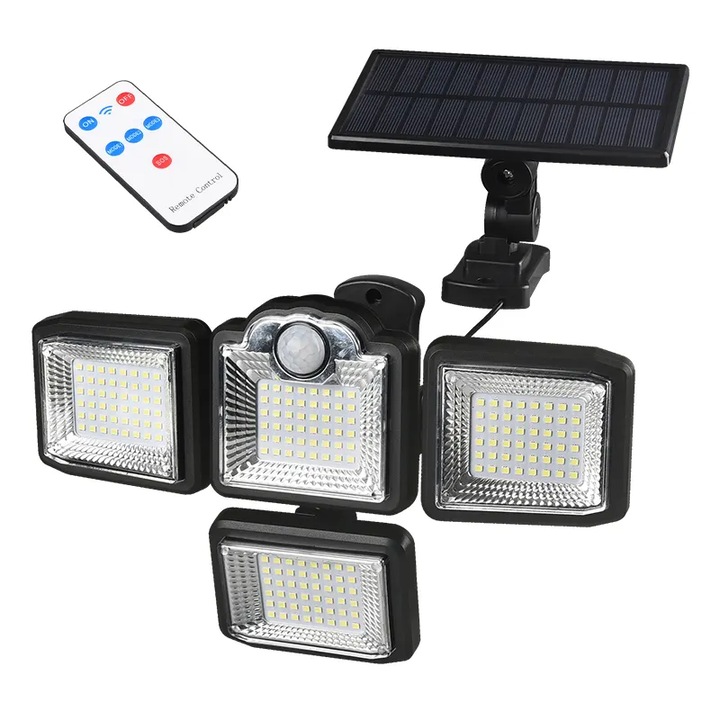 Lampa solara LED cu senzor de miscare pentru exterior si interior cu panou solar si telecomanda Nexo
