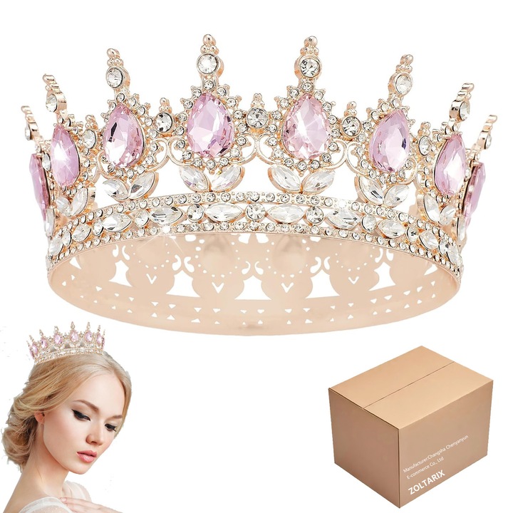 Topper Tort Coronita Cu Pietre Pretioase, decoratiune pentru ornat torturi, Strasuri cu coroana reginei, Coroane si diademe de nunta, Accesorii de par pentru petreceri costumate, Coroana de ziua de nastere, Craciun Parte, Aur/Roz