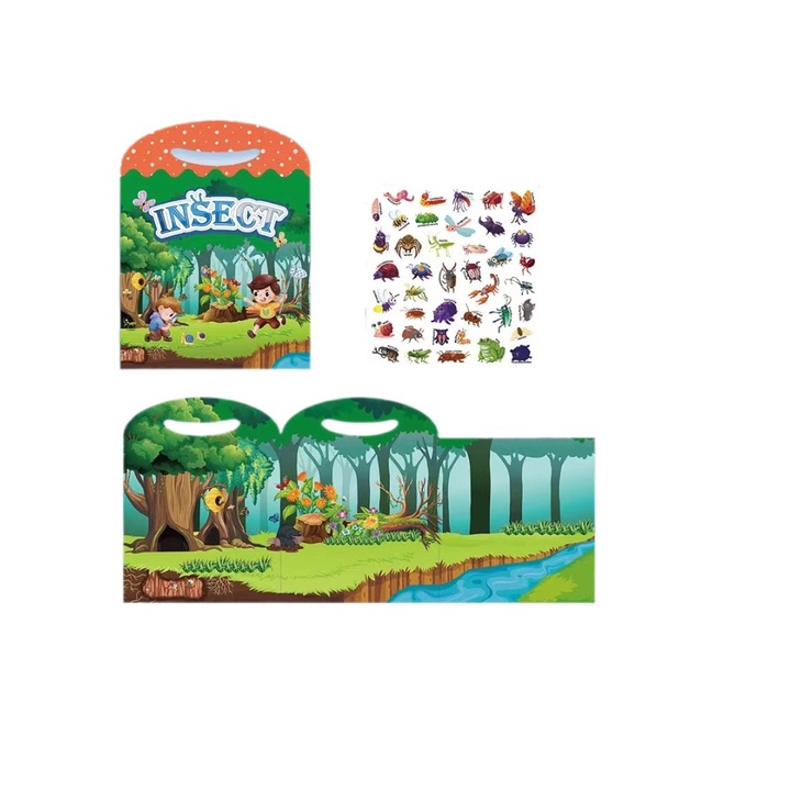 Carte cu autocolante reutilizabile cu tema de insecte, educativa, pentru copii 1-6 ani, multicolor