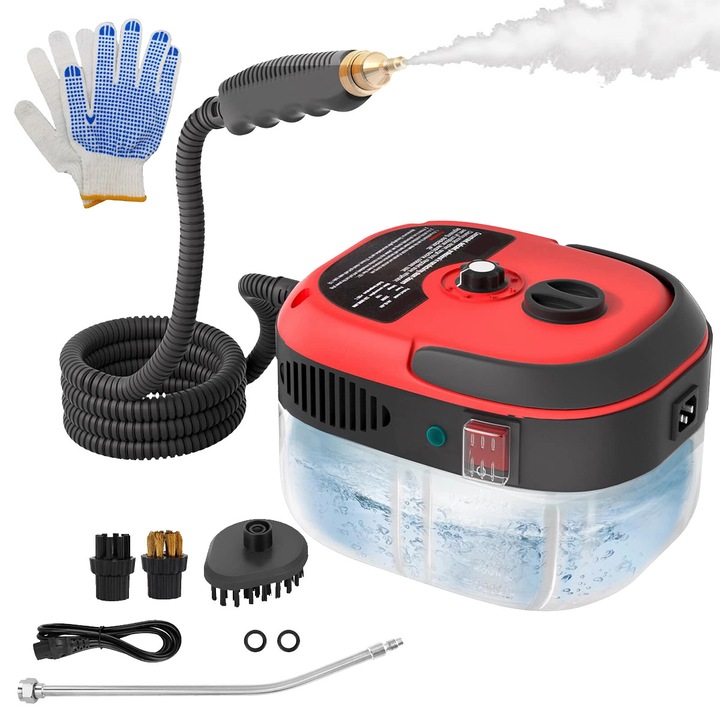 Aparat de curatat cu abur, 2500W, 3Bar, rezervor 1000 ml, incalzire 10S, 6 setari de reglaj al aburului, 4 accesorii incluse, Rosu/Negru