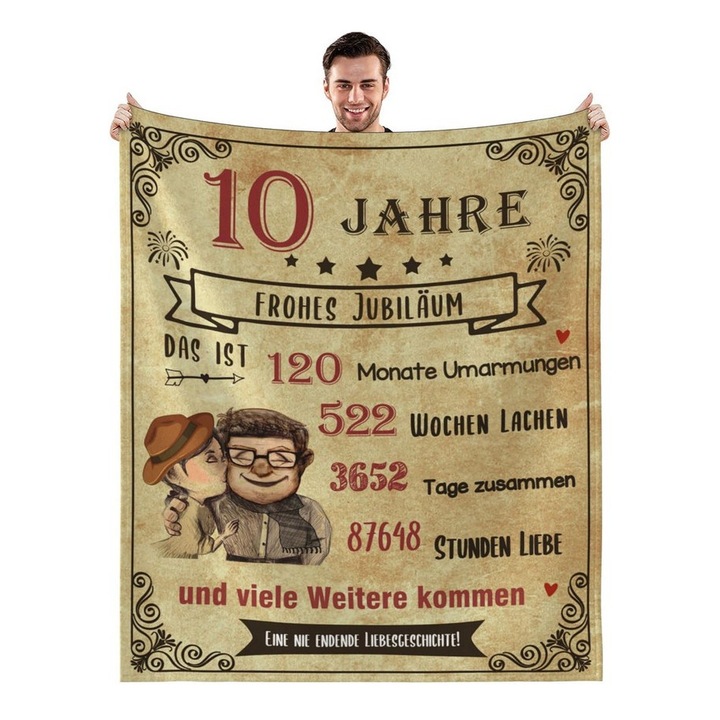 Patura moale, pufoasa cu mesaj 10 Ani de Casatorie in limba germana, maro,150 x 200 cm, MAST DOO