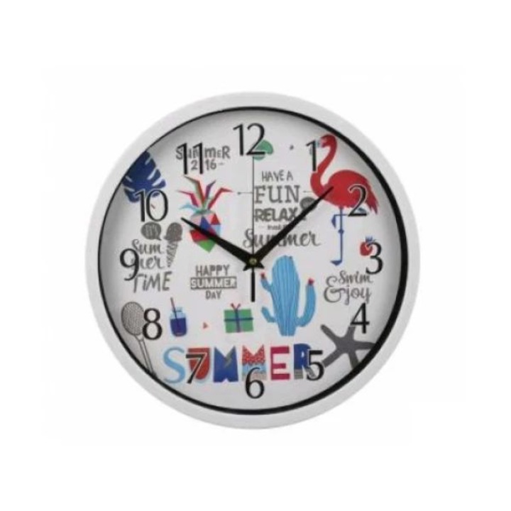 Ceas de perete cu model cu flamingo și cactus de vară – ramă albă, 30 cm