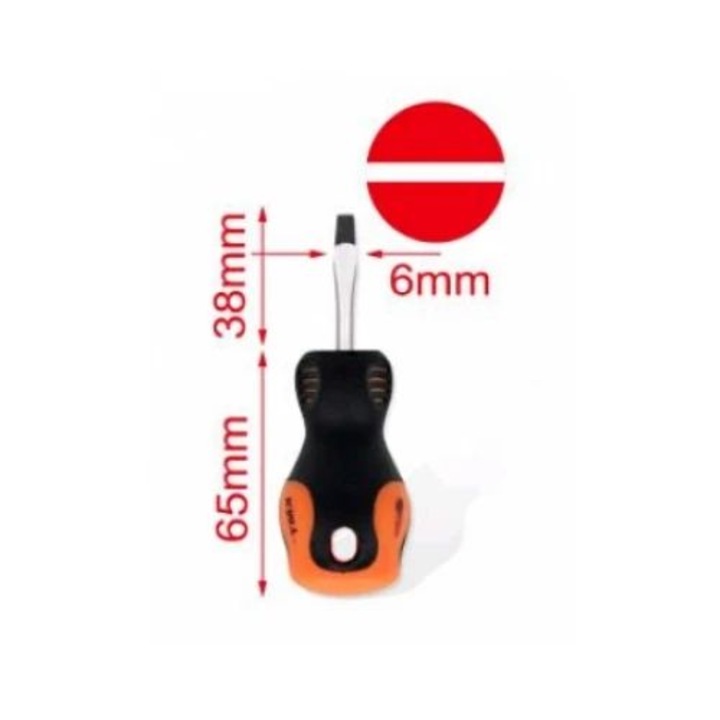 Műanyag, karbonsacél rövid nyelű csavarhúzó – háromoldalú markolat – simító – 6×38 mm