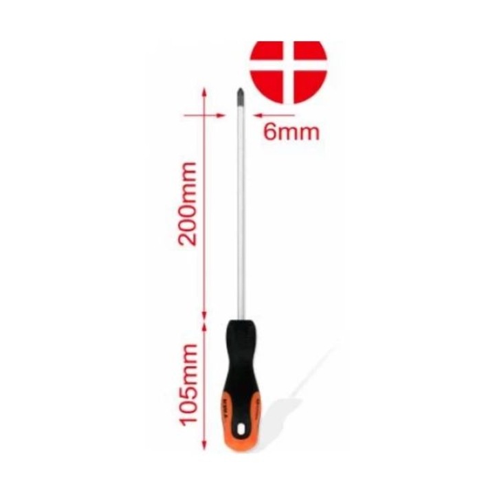 Műanyag, karbonsacél hosszú nyelű csavarhúzó – háromoldalú markolat – keresztfejű – 6×200 mm