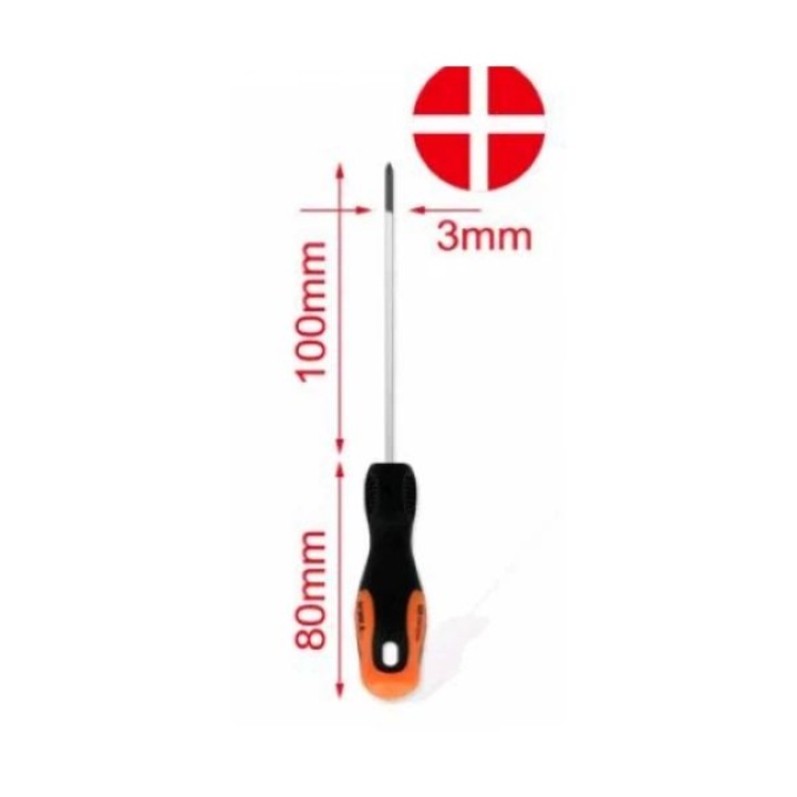 Műanyag, karbonsacél rövid nyelű csavarhúzó – háromoldalú markolat – keresztfejű – 3×100 mm