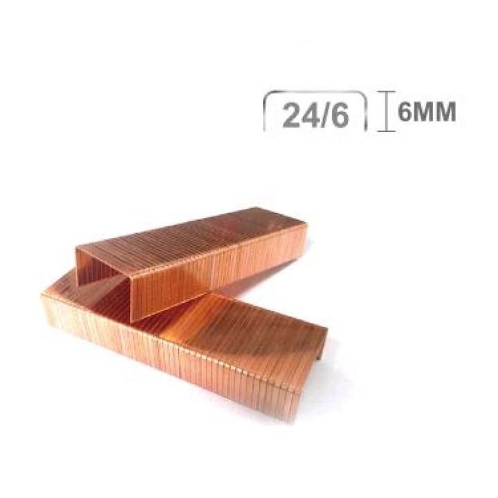 Метални телбод скоби, меден цвят – 24/6 – 2 х 1000 бр. – 6 мм