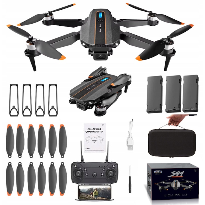 Mini Drona cu 2 Camere Video Quadcopter Ydene®, Pliabil, cu Telecomanda si 3 Baterii 1800mah, Conectare WiFi Aplicatie telefon mobil, RC Set Complet, Negru
