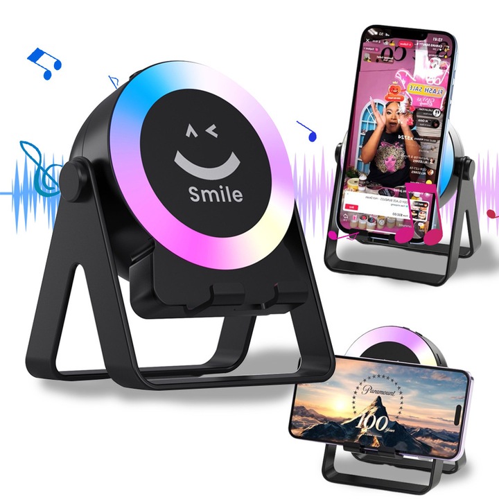 Boxa portabila, Suness, Multifunctional, Suport de Birou pentru Telefon sau Tablete, Ventuza, Boxa wireless cu inductie, Sunet fara distorsiuni, cu lumina RGB, boxa Bluetooth portabila, compatibila cu iPad/iPhone/Samsung Galaxy, Negru